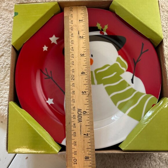 Snowman Plates Set of 4 Red Green Holiday Design 7.5 Inch Ceramic Winter Festive - Picture 4 of 4